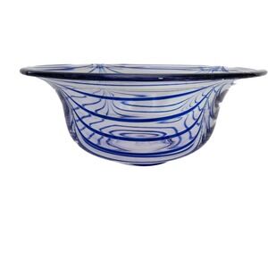 Hand Blown Art Glass Bowl Clear with Cobalt Blue Swirl Flared Rim Centerpiece